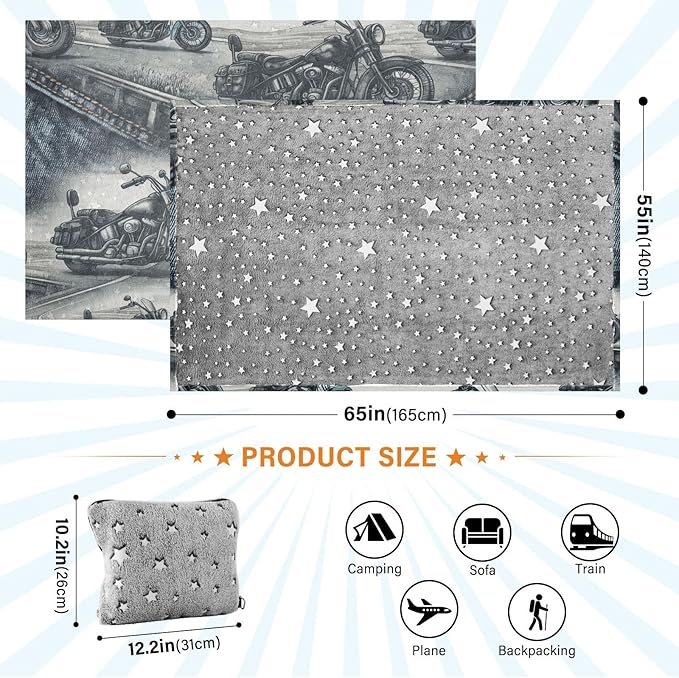 High Way Motorcycles Travel Blanket Glowing in The Dark, Soft 2 in 1 Airplane Blanket 65" x 55", Foldable as Pillow, Luggage Sleeve & Backpack Clip