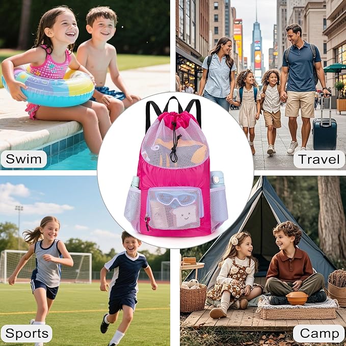 Swim Bag for Kids Mesh Beach Backpack for Girls Lightweight Drawstring Beach Bag Swimming Pool Sports Gym String Bag (Purple)