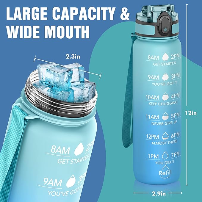 OLDLEY Water Bottle, 32oz Motivational Sports Water Bottle with Time Marker - Times to Drink - Tritan, BPA Free, Wide Mouth Leakproof, Anniversary Birthday Gifts for Men Women, Luca (1 Bottle)