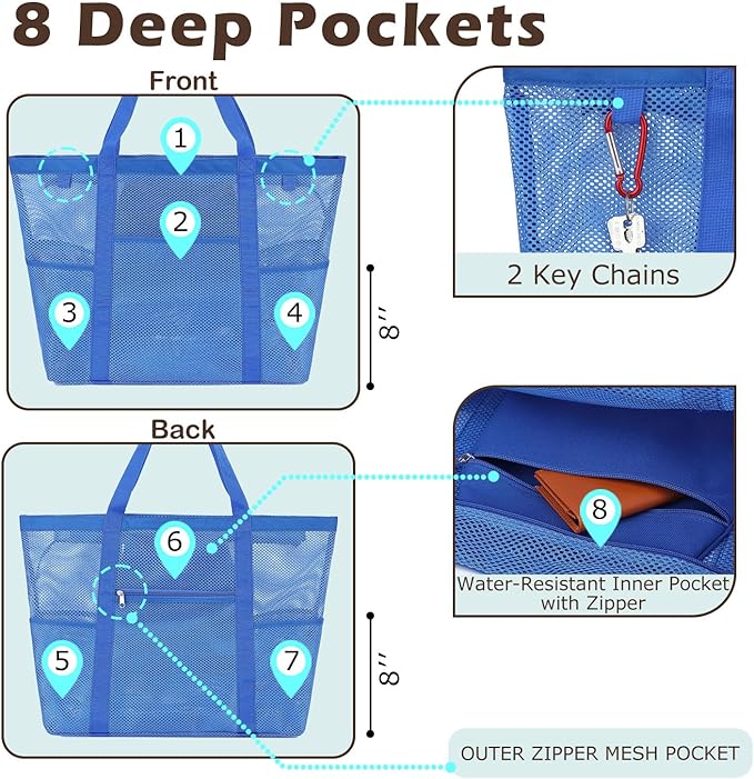 Fammart Mesh Beach Bag with Zipper, Large Beach Tote for Women, Toys Pool Swim Bag Travel Vacation Cruise Essentials