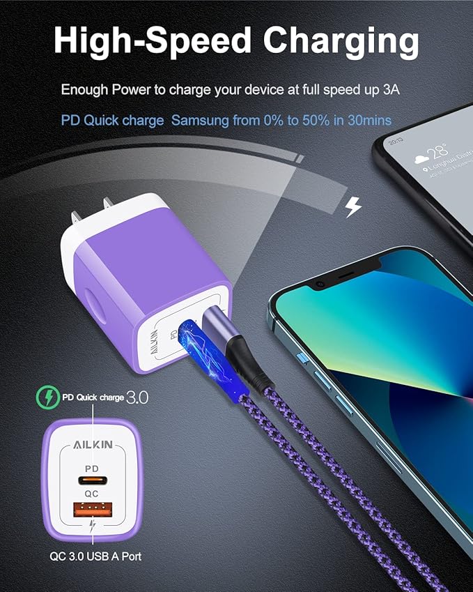 USB C Wall Charger, AILKIN 3Pcs 20W PD + QC3.0 USBC Charger Block Super Fast Power Output Rapid Charging Box Wall Plug Cube for Apple iPhone, Samsung Galaxy, Motorola, LG, Google Pixel - Purple