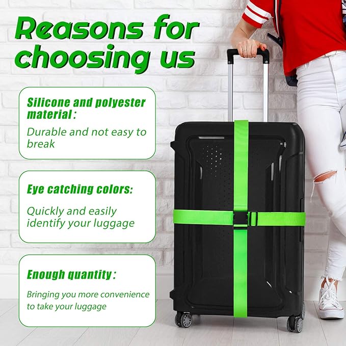 Weewooday 8 Pcs Luggage Straps Suitcase Tags Set for TSA Approved, 4 Travel Adjustable Suitcase Belt, 4 Silicone Luggage Tags with Name ID Card Travel Accessories(Fluorescent Green,Airplane)