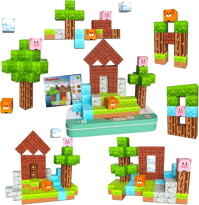 Magnetic Blocks Minecraft-Style Magnetic Building Blocks Cubes - 35PCS Tin Box Magnet Toys Travel Set STEM Educational for Kids Ages 4-8 6-8 8-12 Year Old Boys Girls Birthday Christmas