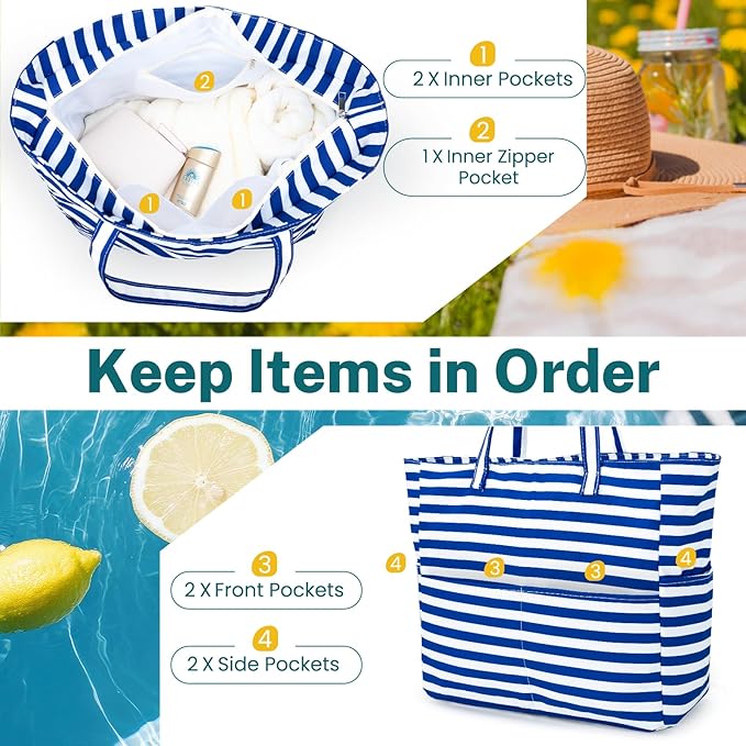 Iioscre Beach Bag for Women, Causal Hobo Pool Bags with Zipper Inner Pocket, Foldable Swim Tote Bag for Vacation Essentials