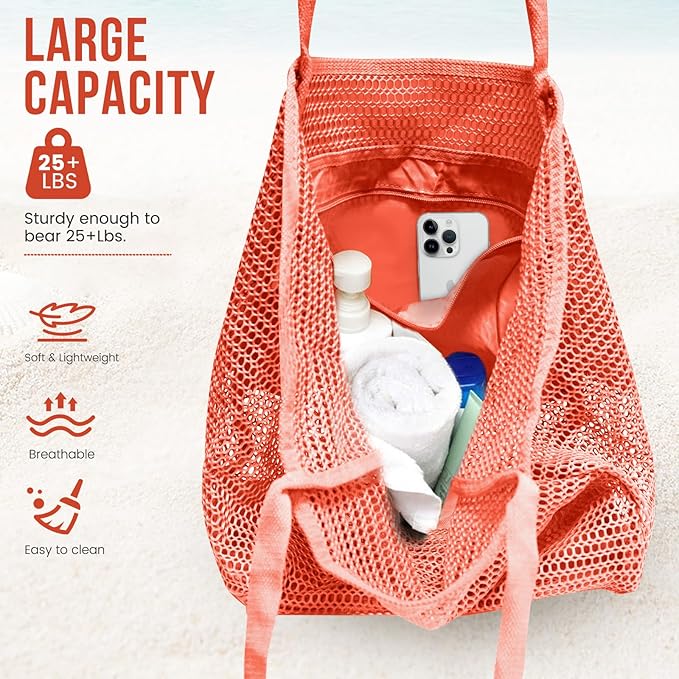 HOHOM Beach Bags for Women, Summer Travel Mesh Tote Bag with Large Inner Pocket, Sandproof Woven Shoulder Handbag