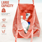 HOHOM Beach Bags for Women, Summer Travel Mesh Tote Bag with Large Inner Pocket, Sandproof Woven Shoulder Handbag