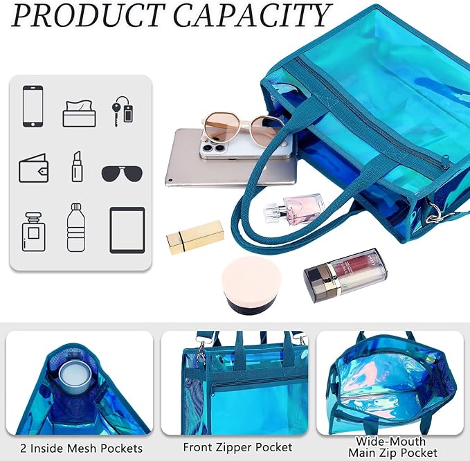Fammart Iridescent Clear Beach Bag for Women, Jelly Tote Bag Waterproof Sandproof Pool Bag Cruise Vacation Essentials