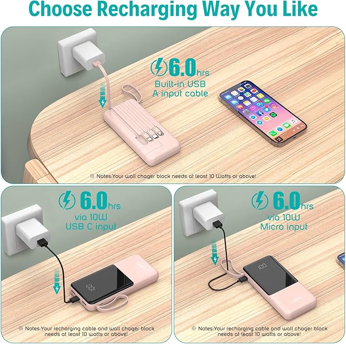 Portable Charger with Built in Cables,10000mAh Slim USB C Power Bank,5 Output 3 Input LED Display High Speed External Battery Pack Travel Phone Charger for iPhone Samsung Pixel LG Moto iPad,Pink
