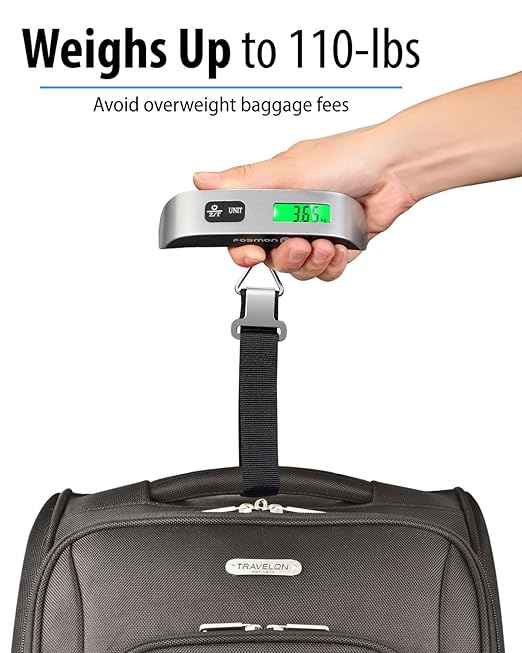 Fosmon Digital Luggage Scale, LCD Display Backlight Temperature Baggage Scale with 110lbs Capacity, Portable Stainless Steel Hanging Luggage Weight Scale with Tare Function for Travelers - Silver