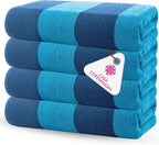CASA COPENHAGEN Malibu Towel 4Pcs Deep Blue Designer Stripe Beach Towels Gift Set, 30"x60" Oversized 100% Cotton Pool Bath Towel for Beach Gift Set (Perfect Summer Gift Set for Women & Men)