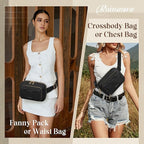 RAINSMORE Fanny Packs for Women, Leather Belt Bag Waterproof Everywhere Crossbody Waist Pack with Adjustable Strap Retro Sling Chest Bag for Work Running Travel Party, Black