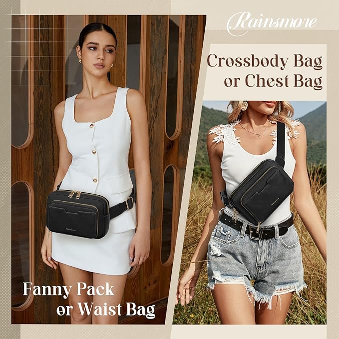 RAINSMORE Fanny Packs for Women, Leather Belt Bag Waterproof Everywhere Crossbody Waist Pack with Adjustable Strap Retro Sling Chest Bag for Work Running Travel Party, Black