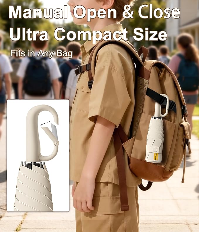 Mini Travel Umbrella with Carabiner Handle UPF 50+ Sun & Rain Protection Portable Manual Open Close Windproof Umbrella Small Compact Portable Parasol for Commuter Kids Women Men