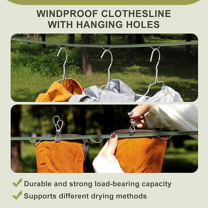 Vigorport Portable Travel Clothesline, Windproof Clothes Line with Hang Hole, Indoor and Outdoor Laundry Line with Clothespins for Hotel, Camping, RV, Cruise Ship (Green, 13.8Ft)