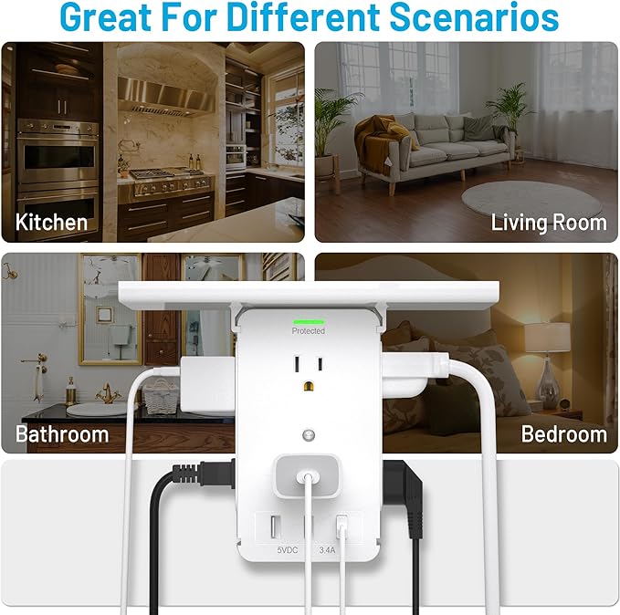 2 Packs 11 Port Surge Protector Wall Outlet,8 Electrical Outlet Extenders and 3 USB Ports 3.4A,with Removable Built-in Shelf，FCC Listed,White