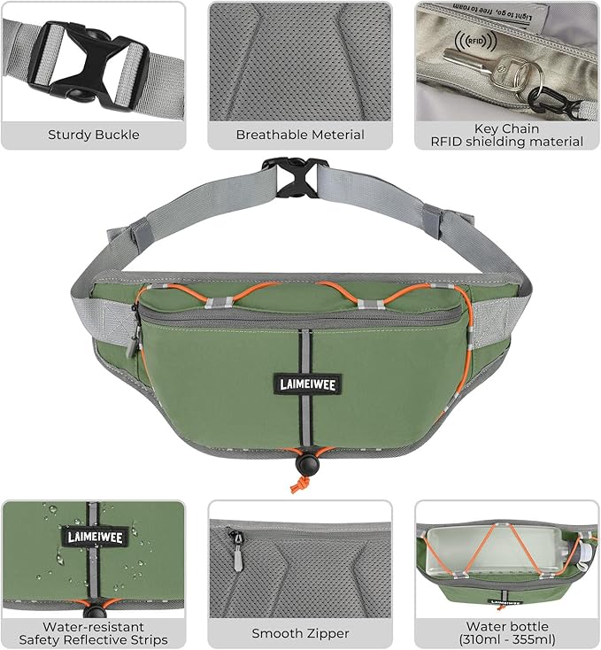 Fanny Pack for Women Men, Water-Resistant Travel Waist Pack with RFID Blocking, Wide Opening Crossbody Belt Bag for Phone, Passport, Small Hip Pack for Running, Hiking, Workout（Green）
