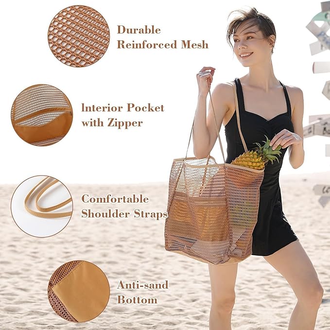 CWB&ADB Large Mesh Beach Tote Bag, Foldable Summer Handbag, Tan