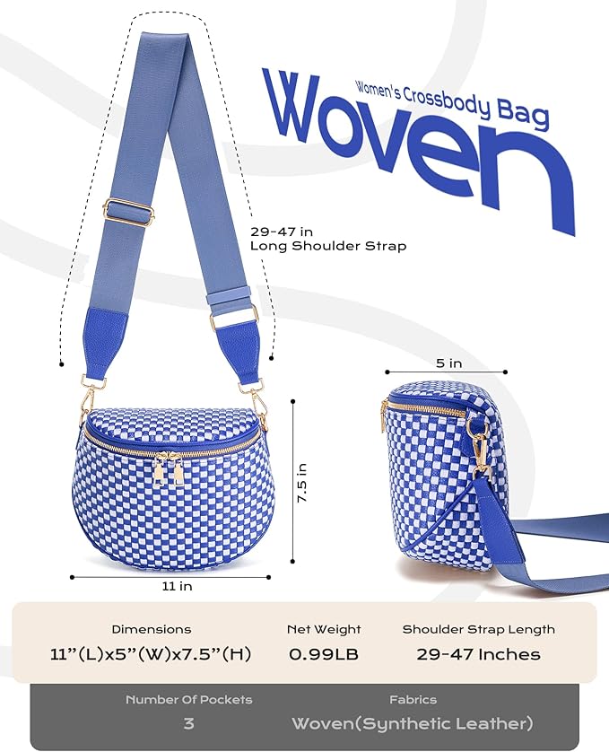 Trendy Woven Checkered Crossbody Bum Bag for Women，PU Leather Checkered Purse Fanny Packs Belt Bag (Woven Bum Bag - Rainbow Blue White)