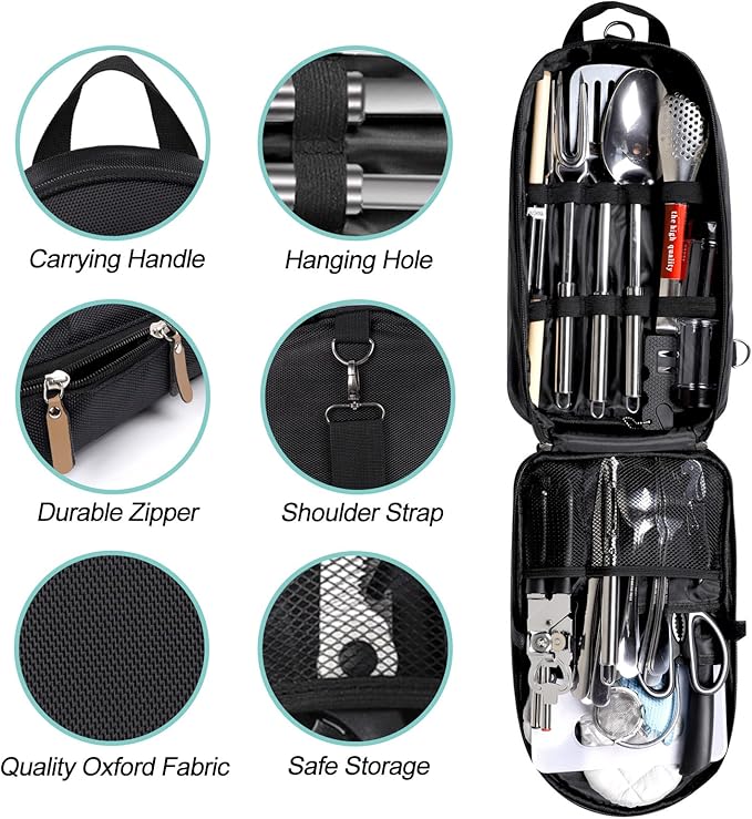 35-Piece Camping Kitchen Utensil Set – Portable Outdoor Cooking Utensils for Camping, RV, Backpacking & BBQ | Complete Camp Kitchen Gear Set with Carry Bag, Grilling Tools & Cooking Accessories