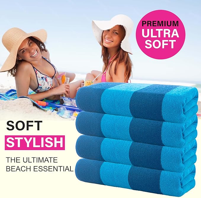 CASA COPENHAGEN Malibu Towel 4Pcs Deep Blue Designer Stripe Beach Towels Gift Set, 30"x60" Oversized 100% Cotton Pool Bath Towel for Beach Gift Set (Perfect Summer Gift Set for Women & Men)