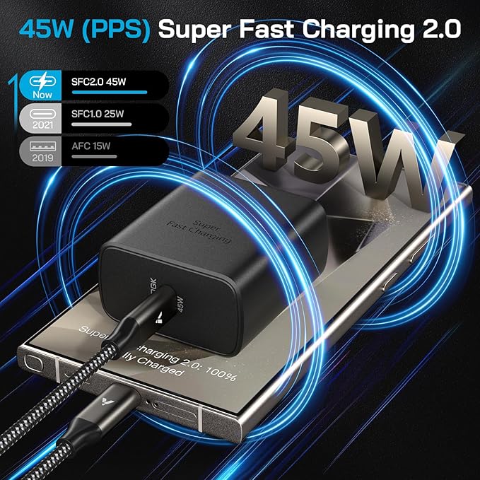 45W Super Fast Charger USB C, 45 Watt Type-C Android Phone Charger Fast Charging Block with 6.6FT Type C Cords for Samsung Galaxy S25 Ultra/S24 Ultra/S24+/S23 Ultra/S23+/S22 Plus/S20, Tab S9/S8 Ultra