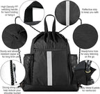 BeeGreen Drawstring Backpack Bag Sports Gym Backpack with Shoe Compartment and Two Water Bottle Holder for Men Women Large String Backpack Athletic Sackpack Workbag Black