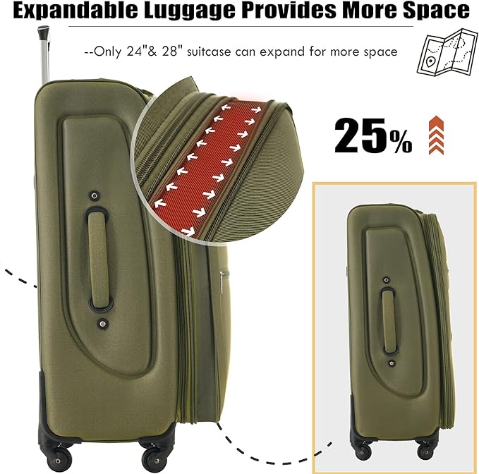 Lightweight Expandable Softside Luggage Sets 3 Piece, Large Capacity Travel Suitcase with Spinner Wheel, TSA Lock, Easy Access Design and Adjustable Telescoping Handle (Army Green)