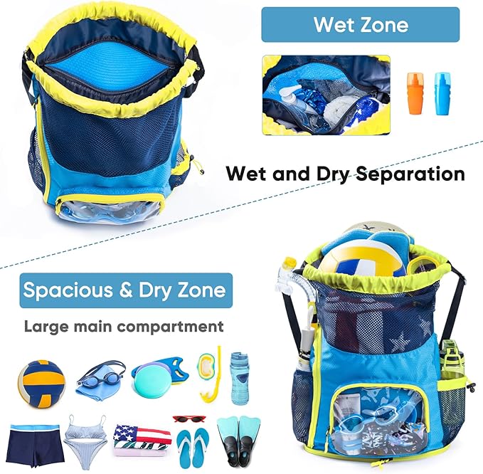 Mesh Drawstring Backpack with Shoe Compartment, Sandproof Beach Swim Bag with Wet Pocket, Pool Gym Shower Bag for Travel Summer Camp