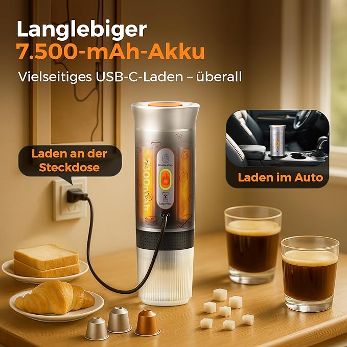 Portable Espresso Machine, 3-in-1 Travel Coffee Maker with Self-Heating, Battery Operated 20Bar Wireless Portable Espresso Maker Compatible with Ground Coffee & Capsule for Camping, Car, Office