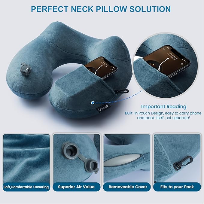 Keemall 2Pack Inflatable Travel Neck Pillow for Airplane Sleeping, Adjustable Blow Up Neck Support Air Pillow Traveling on Plane Long Flights Washable