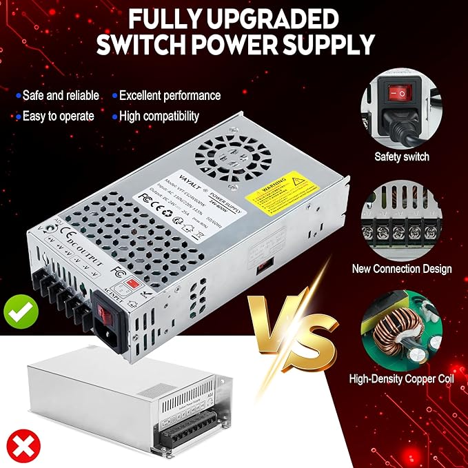 VAYALT 24V 25A 600W DC Switching Power Supply, Universal Regulated Switching AC 110V/220V to DC 24V Transformer, 24V Power Supply for Industrial, CCTV, Computer Project, 3D Printer, LED Strip Light