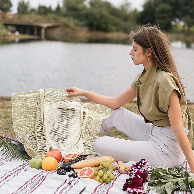 KALIDI Beach Nylon Mesh Tote Bag, Casual Tote Bag Hobo Women Foldable MAX 23L Shoulder Bag For Beach Picnic Vacation