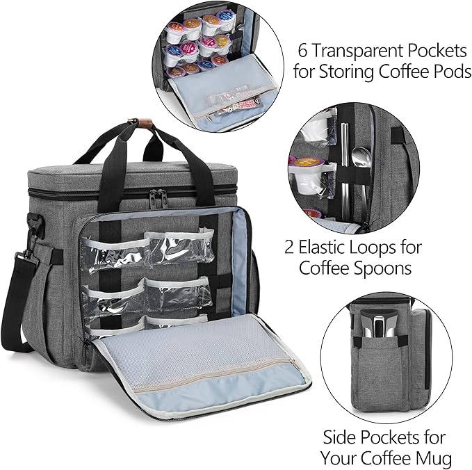 CURMIO Coffee Maker Travel Bag Compatible with Keurig K-Mini or K-Mini Plus, Single Serve Coffee Brewer Carrying Case with Multiple Pockets for K-Cup Pods, Travel Mugs, Gray (Bag Only, Patent Design)