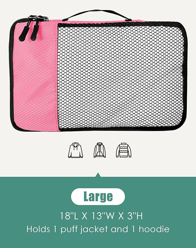WTREE 4-Piece Packing Cubes Travel Accessories Set for Suitcases - Luggage Organizer Bags with Double Zipper - Mesh Top - Large - Pink