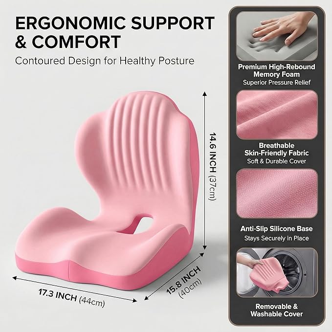 Ergonomic Seat Memory Foam Support Cushion for Back, Car Seat Back Support Cushion for Sciatica Tailbone Pain, Office Desk Chair Car Travel Seat Cushion (Pink)
