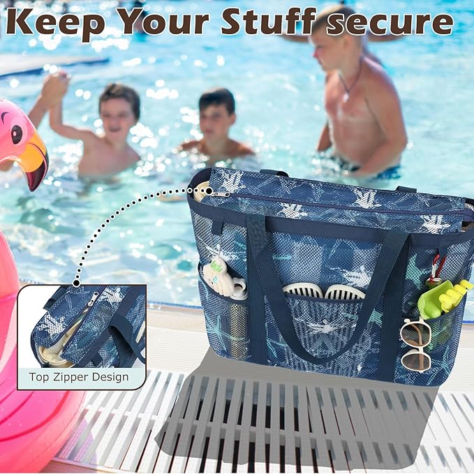 Fammart Mesh Beach Bag with Zipper, Large Beach Tote for Women, Toys Pool Swim Bag Travel Vacation Cruise Essentials