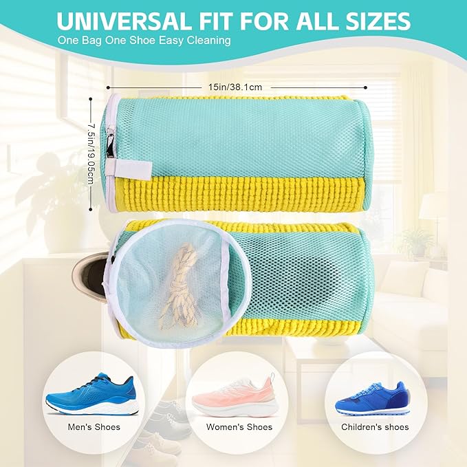 Shoe Washing Machine Bag Reusable Sneaker Washing Bag with Built-in Fluffy Brushes for 360° All-Around Cleaning. Laundry Shoe Bag is Designed for Washer and Dryer （Yellow 4pcs Pro）