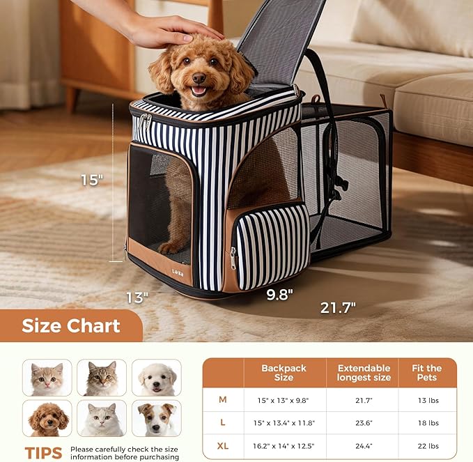 Lekereise Large Cat Backpack Expandable Pet Backpack Carrier for Small Medium Dogs Cats, Dog Carrier Backpack with Breathable Mesh and Inner Safety Leash, Striped