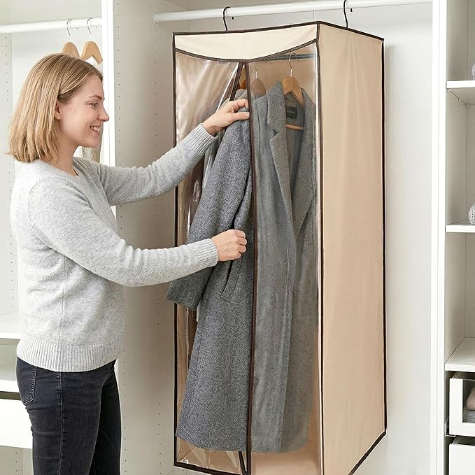 STORAGE MANIAC 57" Long Garment Bags for Hanging Clothes Garment Cover for Closet Storage, Large Hanging Garment Bag for Dresses, Suits, Coats, Zipper Cover with Sealed Clear Window, Beige 2 Pack