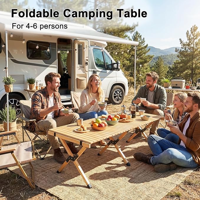 GYMAX 48 Inch Folding Camping Table, Roll-Up Pine Wood Picnic Table with Carry Bag, Portable Lightweight Low Beach Table for BBQ, Party, Backyard Camping