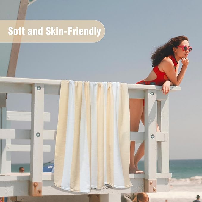 HENBAY Large Oversized Beach Towel - 35 x 70 Inch Microfiber Pool Towel, Beige Striped Quick Dry Cabana Swim Towel