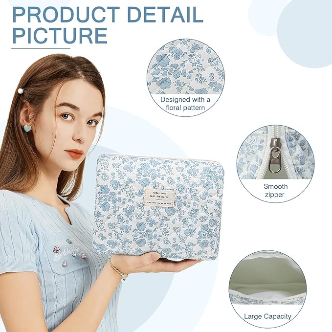 Gosect Large Makeup Bag, Cute Cosmetic Bag for Women Girls, Floral Coquette Aesthetic Toiletry Bag, Travel Make Up Organizer Bag(Blue Floral)