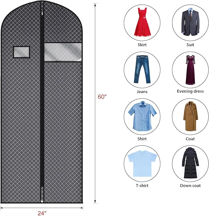 Univivi 60 Inch Lightweight Garment Bag for Hanging Clothes, Full Zipper Dress Bags for Gowns Dress Cover with Clear Window and ID Card Holder for Suits, Long Dress, Coats, 10 Pack, Black