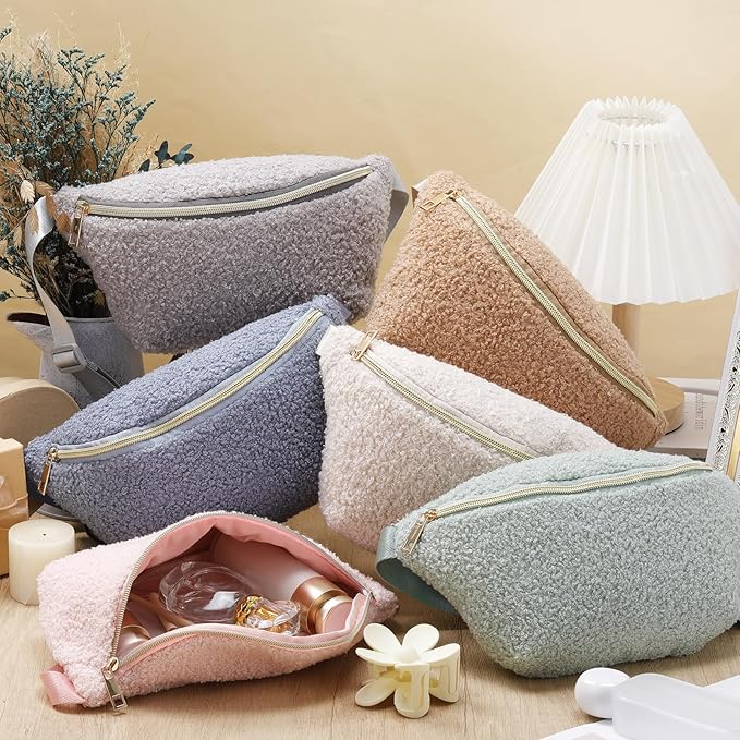Amylove 9 Pieces Fanny Packs Nylon Waist Bag Zipper Travel Running Bag with Adjustable Strap for Women Men(Plush,Light Color)