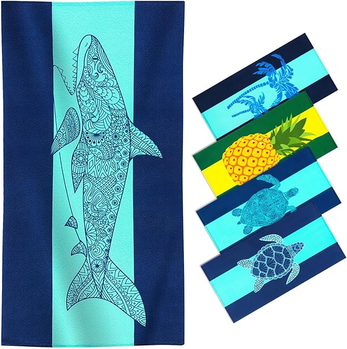 Genovega Oversized Terry Beach Towel 36 x 72 in Soft Extra Large Big Pool Swim Towels for Adult XL Clearance Big Travel Blanket Cruise Vacation Accessories Essentials Lounge Chair Cover Shark