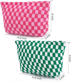 SOIDRAM 2 Pieces Makeup Bag Large Checkered Cosmetic Bag Capacity Canvas Travel Toiletry Bag Organizer Cute Makeup Brushes Aesthetic Accessories Storage Bag for Women, Checkered L Green Rose red