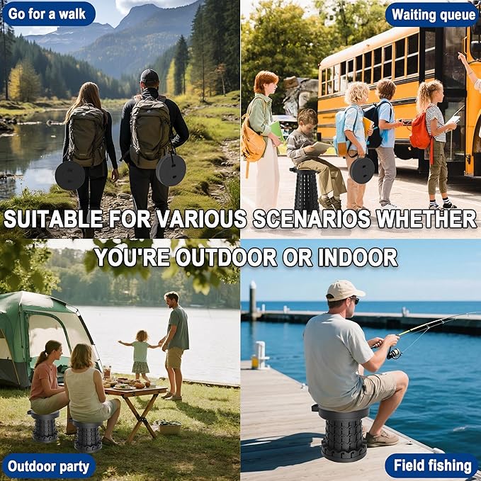 2026 Upgraded 45cm Collapsible Stool with Cushion, Maximum Loading 440 Pounds, Portable and Lightweight Adjustable Seat, Camping Retractable Stool for Outdoor Camping, Fishing, Hiking, BBQ