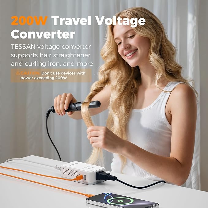 Compact 220V to 110V Voltage Converter US to Europe, TESSAN Universal Travel Adapter with 2 AC Outlets and 2 USB (1 USB-C), 200W Small Power Converter with EU/UK/AU/IT/India Plugs for Travel