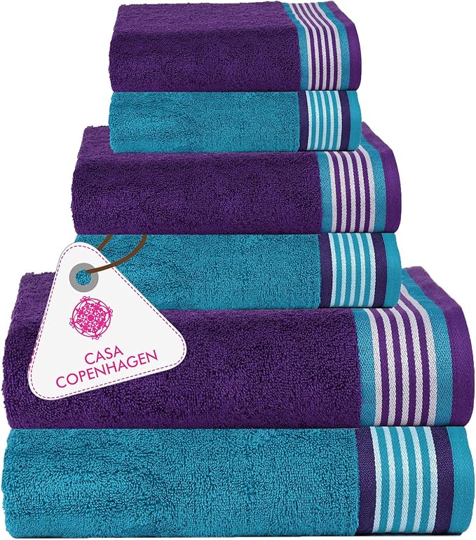 CASA COPENHAGEN He & She 6Pcs 100% Egyptian Cotton Large Designer Towels Gift Set- Indigo - Teal, 550GSM, 2Bath 2Hand 2Washcloths, Bath Towels for Bathroom (Gift Set for Women & Men)