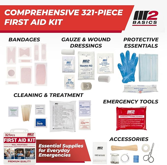 M2 BASICS 321 Piece First Aid Kit, Hard Case Emergency Medical Kit with Supplies for Home, Car, School, Office, Workplace